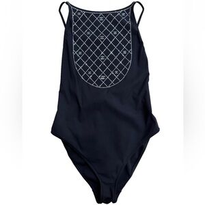 Chanel 23C Black Silver Crystal CC Logo One Piece Swimsuit Runway Bathingsuit 38